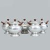 Lot of 5 soup bowls. 20th century. Made of molded, pressed and polished aluminum. With teak applications.