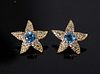 14K YG, Diamond & Blue Topaz Starfish Earrings