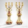 Pair of Empire-style Gilt-bronze and Rouge Marble Three-light Candelabra