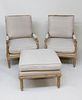 Pair of Contemporary Bobbin Armchairs and Ottoman with Linen Upholstered Cushions
