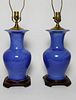 Pair of Cobalt Crackle Glaze Vases Mounted as Lamps with Teak Bases