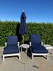 Pair of Gloster Teak Chaise Lounges, Two Tables and Umbrella