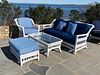 White Vinyl Outdoor Wicker Settee, Armchair, Ottoman and Glass Top Table
