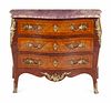 A Louis XVI Style Gilt Bronze Mounted Marquetry Marble-Top Bombe Commode
