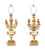 A Pair of Louis XVI Style Gilt Bronze and White Marble Six-Light Candelabra