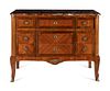 A Louis XV/XVI Transitional Style Parquetry Marble-Top Commode