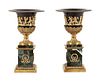 A Pair of Empire Style Gilt Bronze and Tole Mounted Marble Urns