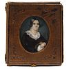 Portrait of a Lady. Mexico, 19th century. Gouache on ivory sheet. Leather case. 2.9 x 2.3" (7.5 x 6 cm)