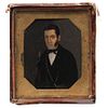 Portrait of Gentleman. Mexico, 19th century. Oil on gutta-percha. Leather frame with glass. 2.5 x 2" (6.5 x 5.5 cm)