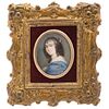 Portrait of Young Lady. Spain, 19th century. Oil on vellum. Brass frame with velvet overlay. 2.4 x 1.9" (6.2 x 5 cm)