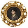 Portrait of Lady. Mexico, 19th century. Gouache on ivory sheet. Signed "Accourie" and dated "P. 1822". 2.3 x 2.3" (6 x 6 cm)