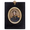 Portrait of Gentleman. Mexico, 19th century. Oil on gutta-percha. Ebonized wooden frame with ring and brass border. 2.7 x 2.3" (7 x 6 cm)