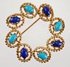 14k Gold Lapis & Turquoise Brooch