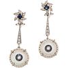 SAPPHIRES, MOTHER OF PEARL AND DIAMONDS EARRINGS. PALLADIUM SILVER AND 18K YELLOW GOLD