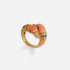 Van Cleef & Arpels, Coral, diamond, and emerald double duck head ring