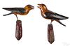 Pair of carved and painted song birds on perches