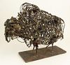 Vintage 1970's Welded Wire Sculpture "Bull" On Iron Base