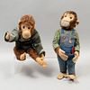Lot of 2 Toy Monkeys. Germany. 20th century. Plush toy. Schuco. Dressed in overalls, shirt and sweater.
