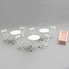 Lot of sun chair, table, and chairs for dolls. 20th century. Different materials. Consists of: sun chair, 3 tables and 6 chairs.