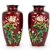 Pair of Japanese Red Floral Enameled Vases