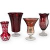 (4 Pc) Ruby Crystal Cut Vases