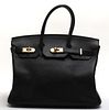 Hermes Style "Birkin" Black Leather Handbag