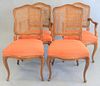 Set of five cane back Louis XV style chairs, two arm, two side along with cane back armchair with upholstered seat.