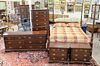 Baker five-piece mahogany bedroom set with queen 4 post bed ht. 80", chest on chest, ht. 67", triple chest, lg. 72", pair night tables.