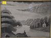 Sandpaper mountainous landscape depicting a man fishing, 9" x 11 1/2".
