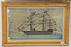 English wooly needlework of a ship, woolwork ship flying British flag with castle on each side, sight size: 13 1/2" x 23".