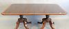Banded inlay double pedestal mahogany dining table having three leaves, ht. 30", top 44" x 22", leaves 18" each, open 44" x 126".