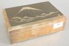 Japanese silver box, silver having mixed metal Mt. Fuji on cover, seal mark and signature on top, velvet lined interior, signed on bottom, ht. 2 3/4",