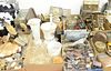 Eight box lots to include 5 tin music boxes, mortar and pedestals, brass vase, horn vases, etc.