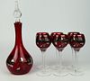 VTG CONTINENTAL SILVER OVERLAY RUBY DECANTER & 6