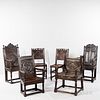 Four Oak Panel-back Open Armchairs and a Pair of Oak Back Stools