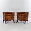 Pair of Louis XV-style Marble-top, Ormolu-mounted, Mahogany and Satinwood Parquetry Commodes