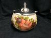 HAND PAINTED GLASS COOKIE JAR WITH ROGERS CANADIAN SILVER PLATED TOP