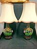 Pair of vintage Black Chinese cloisonné Lamps with colorful flowers 12"
