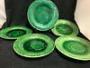 5 Green Leaf pattern Vintage English opaque china Majolica glaze Pottery Plates