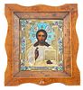 A RUSSIAN ICON OF CHRIST PANTOCRATOR WITH SILVER GILT AND ENAMEL OKLAD, WORKMASTER NIKOLAI GRACHEV, MOSCOW, 1908-1917