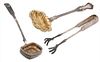 A PAIR OF RUSSIAN SILVER STRAINERS TOGETHER WITH TONGS, VARIOUS MAKERS, 19TH CENTURY