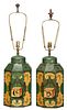 Pair British Green Tole Tea Canister Lamps 
