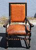 Southwestern Leather & Wood Carved  Arm Chair