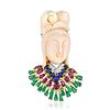 Carved Coral Lady and Multi-Colored Gemstone Brooch