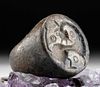 Large 12th C. Islamic Bronze Ring w/ Abstract Avian