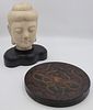 Carved Marble Buddha Head and a Lacquered Box.