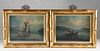 Pair of Chinese Export Oil on Paper Board "River Scene Paintings of Junk and Houseboat"