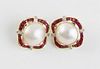 Pair of 14k Yellow Gold Mabe Pearl, Ruby and Diamond Earclips
