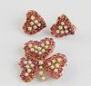 Lady's 14k Yellow Gold Three Piece Ruby and Pearl Brooch/Pendant, Earrings Set
