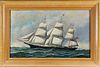 Antonio Jacobsen Oil on Artist Board "Portrait of an American 3-Masted Square Rigged Clipper Ship"